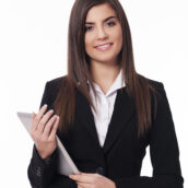 Portrait of happy woman with digital tablet